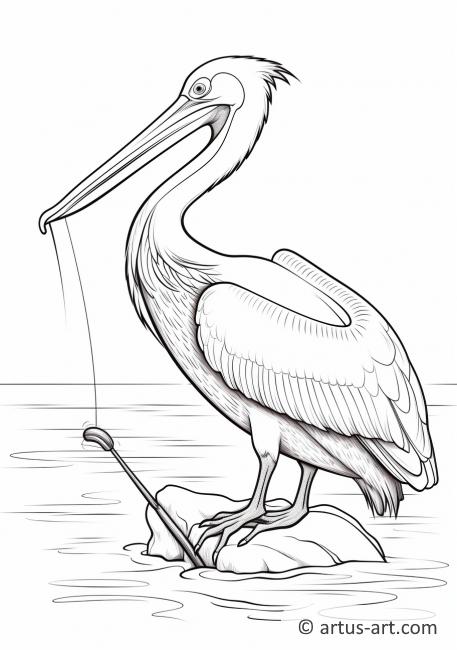 Pagină de colorat cu pelicani și undiță de pescuit